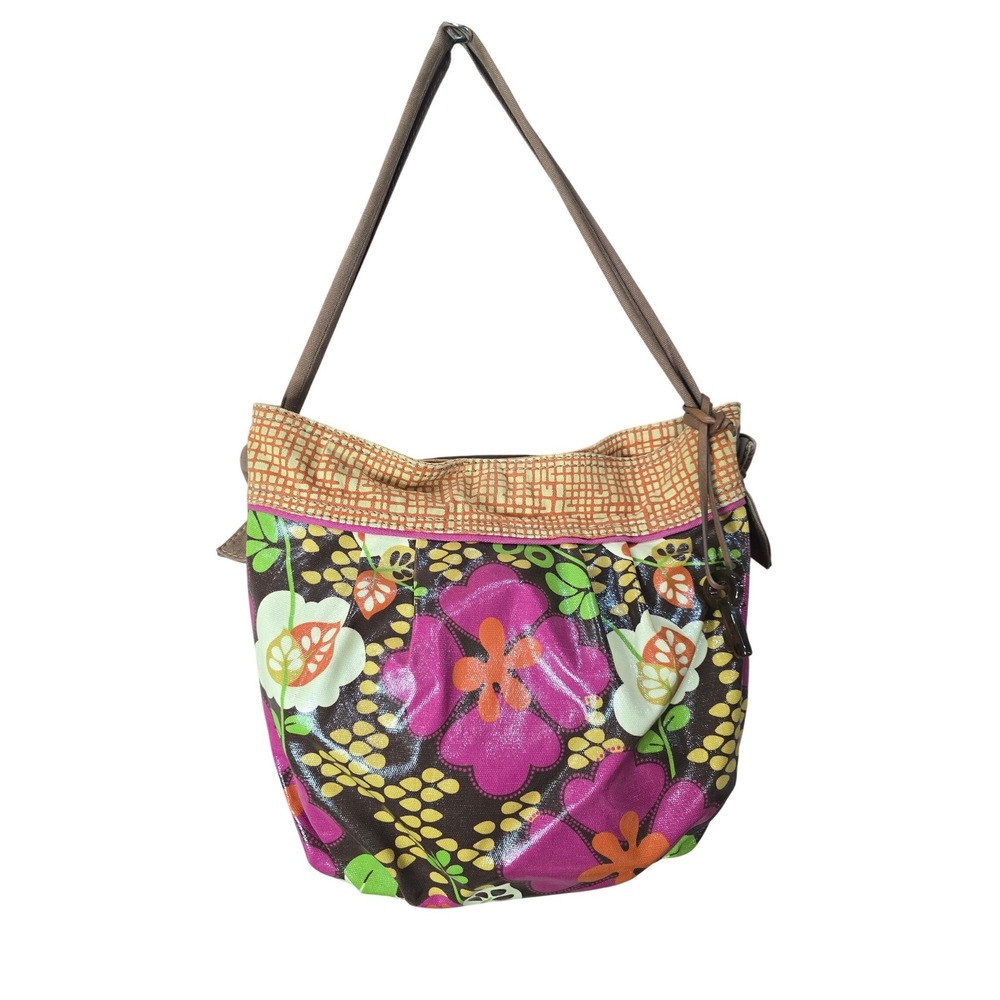 Fossil Key-Per Floral Coated Canvas Hobo Shoulder Bag Leather Y2K Boho Retro